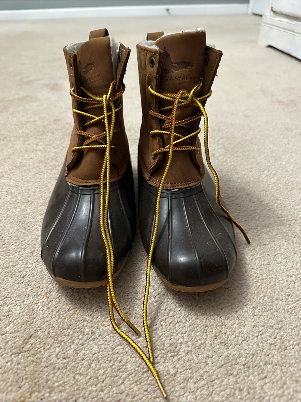 L.L. Bean Brown Leather Duck Boots with Yellow Laces